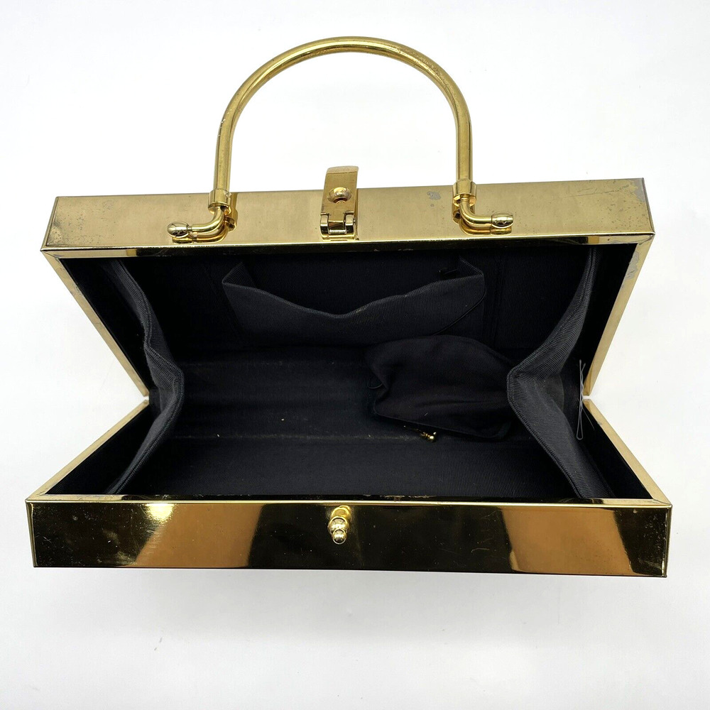 Vtg 70s Lou Taylor Miami Gold On Gold Art Deco Padded Frame Box Handbag Purse - Picture 7 of 12